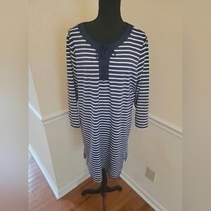 Women's LANDS' END Blue/White Striped Swim Dress Cover up Beach Vacation Sz XL